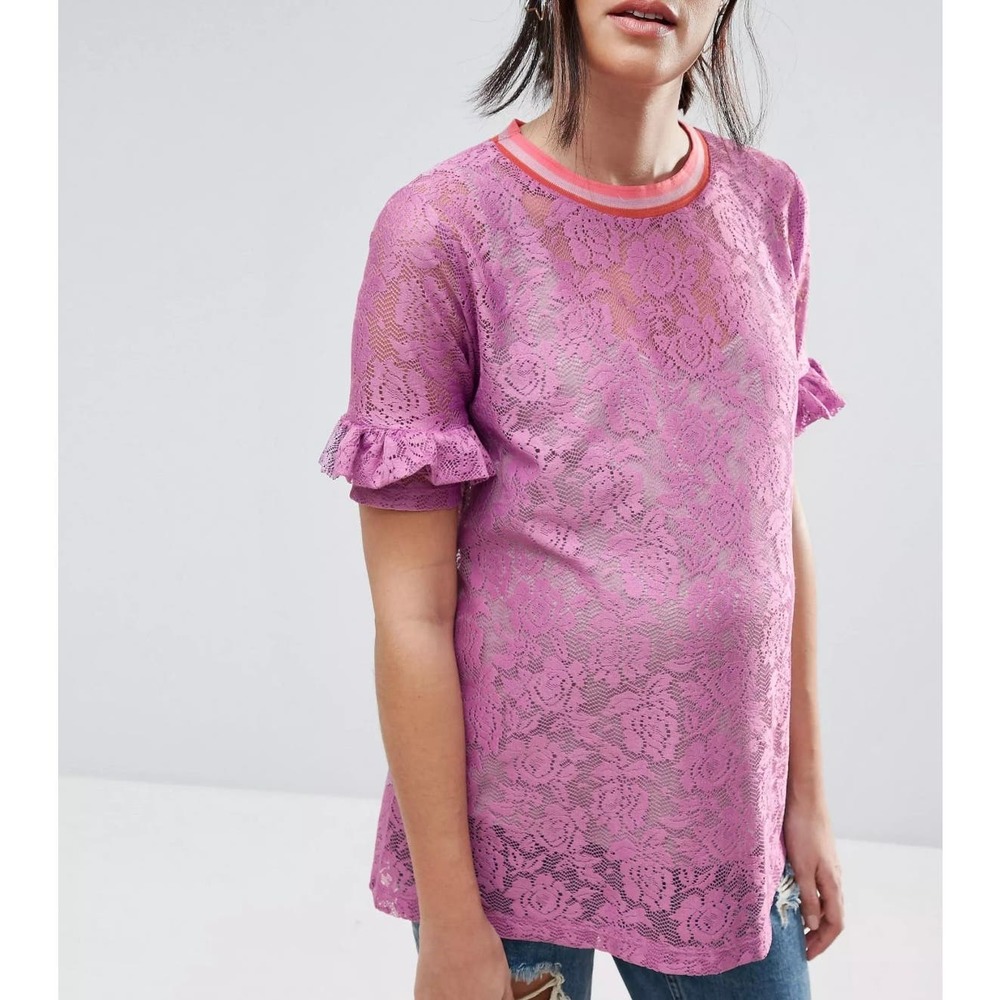 ASOS Maternity Lilac Lace Ruffle Sleeve Stripe Tipping T-Shirt Size 18 - Picture 2 of 13